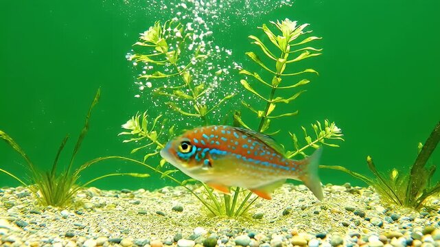 Small fish swimming in a green aquarium with aquatic plants.