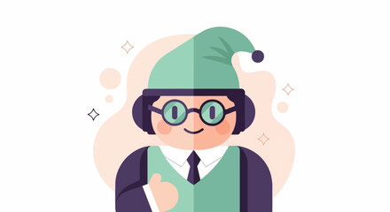 Fototapeta premium Friendly cartoon character in hat and glasses, giving a thumbs up