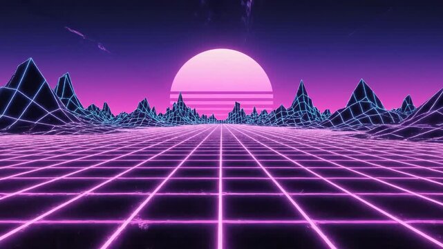 This video features glowing perspective grid floor in 80s inspired neon environment with vibrant gradient sky, vaporwave digital backdrop and dynamic retro tech concept for VJ loops and branding