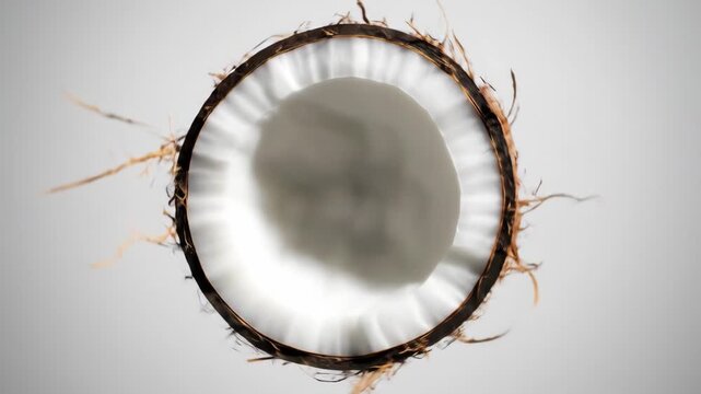 Video of Abstract Coconut Surface Pattern, minimal tropical fruit texture with contrasting white flesh and dark shell, natural design element for food and spa concepts.