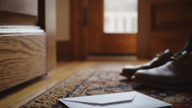 Video of Letter sliding through residential door mail slot symbolizing daily routine, personal messaging and traditional delivery ritual for lifestyle marketing visuals.