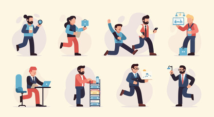Fototapeta premium Group of diverse business people in motion, each engaged in office-related activities