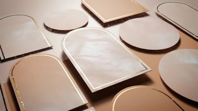 Abstract wedding invitation flatlay interpretation with simplified geometric paper forms arranged in a harmonious grid, soft pearl and warm beige gradient backdrop, metallic gold lines outlining card