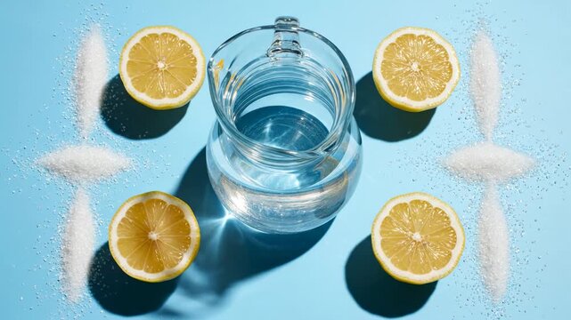 Minimalist editorial scene of lemonade ingredients aligned in a precise geometric layout on a pastel sky-blue backdrop, lemons cut symmetrically, transparent glass container casting subtle refracted