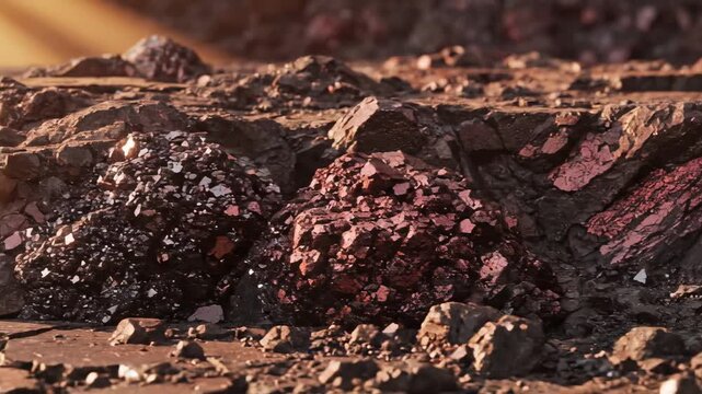 Video of raw iron ore surface detail under dramatic warm lighting, mining and materials background for engineering visuals and industrial storytelling, dark red and brown mineral formations with