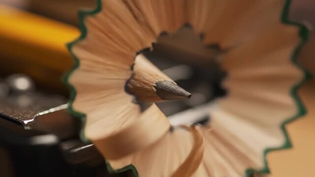 Video of Pencil Sharpening Close-Up &ndash; Wood shavings curl, macro detail highlighting creative process, stationery craftsmanship, and back-to-school concept for education branding and artistic content.