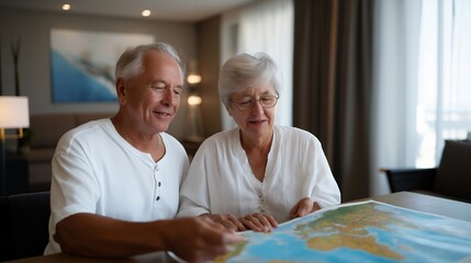 Obraz premium Elderly couple reviewing cruise brochures and travel insurance documents at dining table, planning extended vacation with world atlas, ideal for retirement travel leisure planning adventure senior