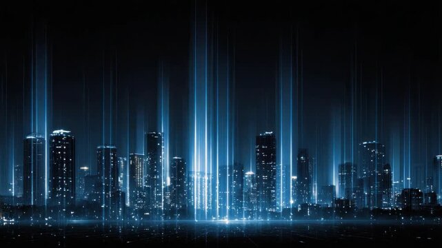 Technological Metropolis: A cityscape glows with the energy of technological advancement, vertical beams of light connecting a digital world to the built environment.