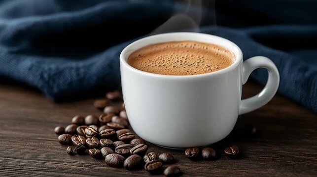 A cup of hot coffee with steam rising, roasted coffee beans scattered around on a wooden table