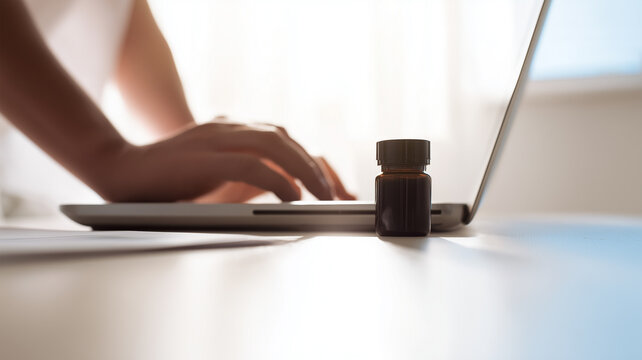 Professional working on laptop with NMN supplement bottle on desk. Modern workspace scene representing cognitive performance, cellular energy, productivity and longevity lifestyle
