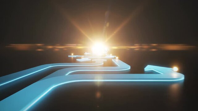 Video of success roadmap visualization featuring glowing arrows pointing toward bright focal point, ambition and strategic planning theme for leadership branding with luminous arrow markers arranged