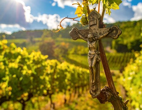 Crucifix in Vineyard with Golden Autumn Leaves and Sunny Sky.