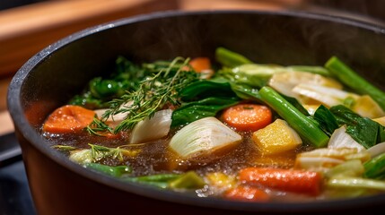 Meal prep area showing vegetable scraps being transformed into rich brown stock simmering in pot, carrot tops and onion skins creating flavorful base, ideal for broth making, ingredient