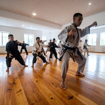 Diverse group of martial arts students practicing karate in a bright studio with wooden floors, demonstrating focus and discipline.