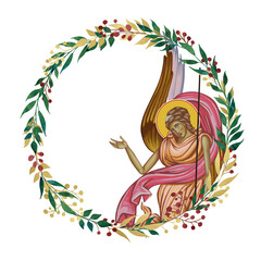 Obraz premium Decorative vintage floral wreath with an angel, illustration in Byzantine style isolated