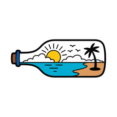 Fototapeta premium Tropical island in the sea under a bright sun with palms, sand beach, and a cartoon boat on ocean waves for a summer vacation vector illustration