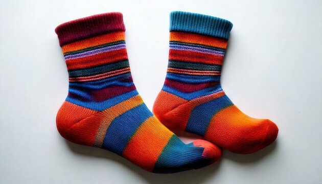 Colorful striped socks on a white surface, vibrant and playful.