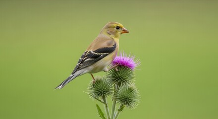 Fototapeta premium Close-Up of a Small Yellow Bird Sitting on a Vibrant Pink Flower Against a Soft Green Background