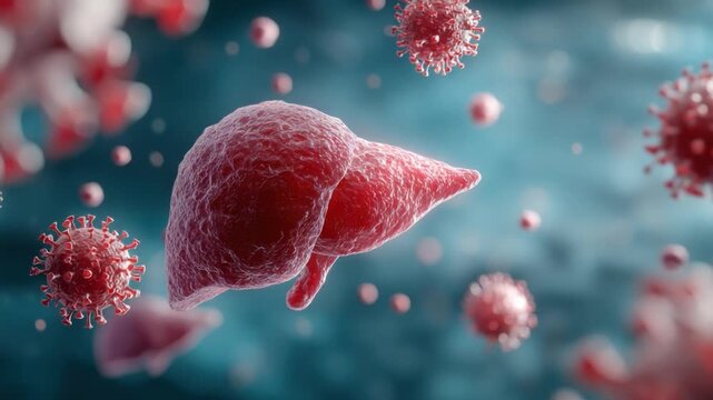 The Liver's Battle: A stark visual representation of the human liver, besieged by ominous viruses, symbolizing the ongoing fight against disease and the importance of organ health.