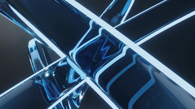 Video showcasing transparent blue curved structures floating in minimal space, abstract glass geometry concept for corporate innovation, app launches and web hero visuals.