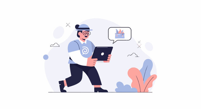 Person in hat with tablet, thought bubble with toolbox