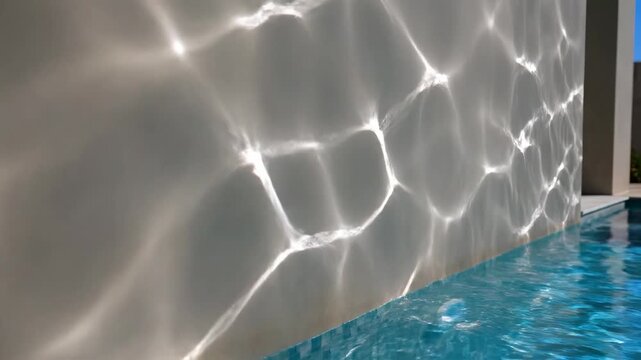 Video of abstract pool light reflections creating animated caustic patterns on a neutral wall, contemporary design background for creative media projects.