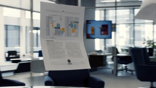 A floating document with charts and text is suspended in a modern office space with large windows.