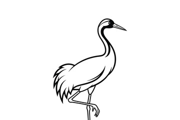 Obraz premium A black and white illustration of a crane standing on one leg with its long neck stretched out, showcasing its distinctive profile and elegant posture in a simple yet striking design.
