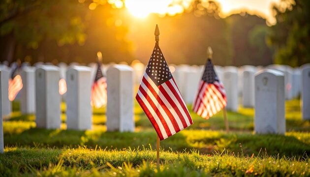 American flags placed on soldiers graves in military cemetery during Memorial Day