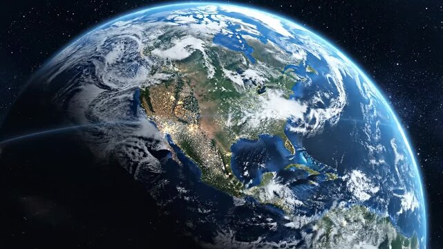 Video Day To Night Transition featuring smooth terminator line motion and planet spin, ideal for science documentaries, space education visuals, technology backgrounds, and global connectivity