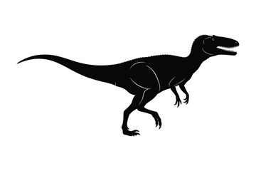 Obraz premium A black silhouette illustration of a dinosaur, likely a carnivorous theropod, walking or running with its mouth open and tail extended, against a plain white background.