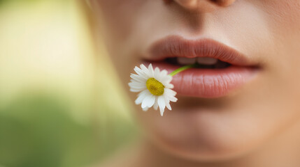 Close up of female lips gently holding a fresh daisy flower, symbolizing spring, nature's beauty, natural cosmetic, freshness, innocence, and delicate purity