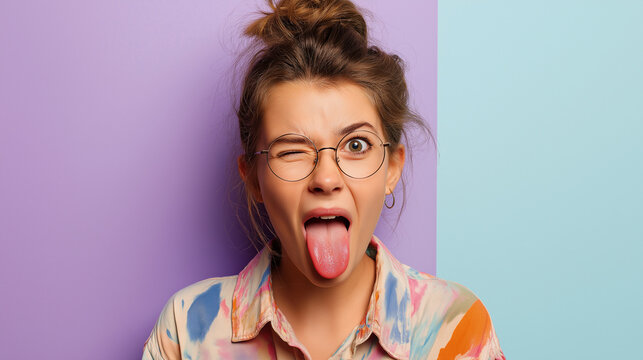 Young woman wearing eyeglasses winking and playfully sticking out tongue, expressing silly emotions and humorous attitude, portraying fun and individuality