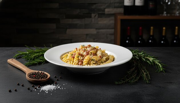 Dark moody fusilli carbonara with dramatic lighting