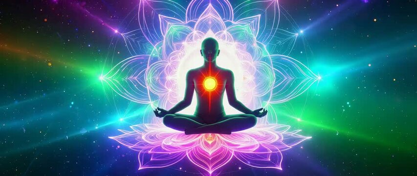 Mindfulness And Meditation Concept Person In Lotus Position With Glowing Heart Chakra On Lotus Flower.