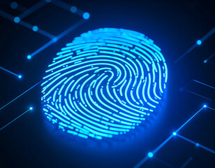 Neon blue fingerprint design against a dark background with digital circuit patterns, emphasizing technology and identity verification.