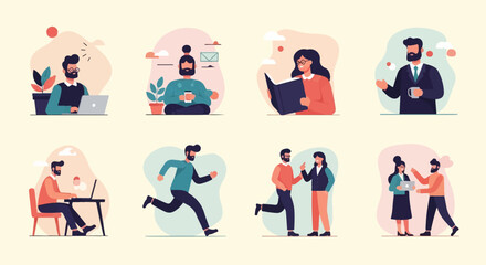 Naklejka premium Modern illustrations of people working, relaxing, and interacting in a stylized setting