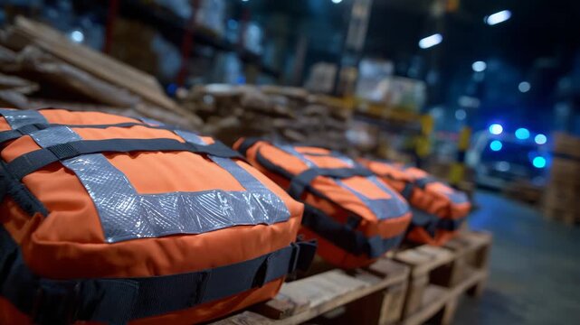 25High-visibility emergency medical bags used by response team during rescue drills, reflective markings, medical symbols, open compartments with advanced first aid tools, warehouse