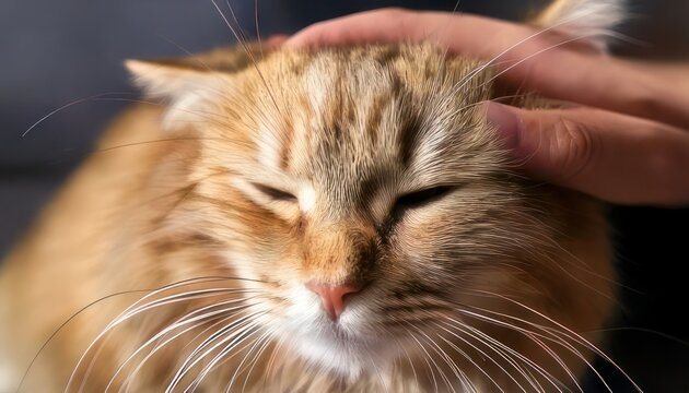 Contented ginger cat enjoying a gentle head scratch.