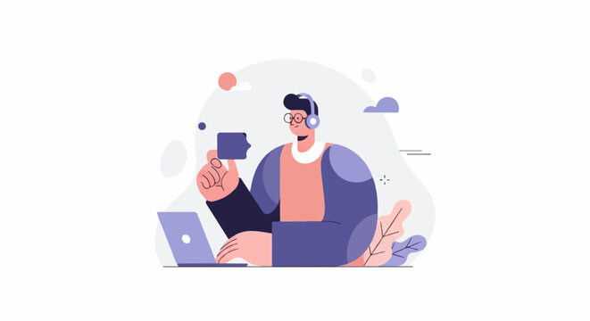 Person in headphones with laptop and coffee cup, surrounded by abstract shapes