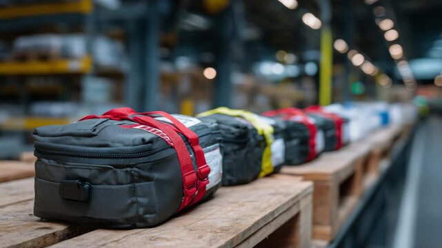 30Detailed view of trauma response first aid bags for workplace injury scenarios, rugged materials, medical labels, organized life-saving equipment designed for limb trauma care, cle