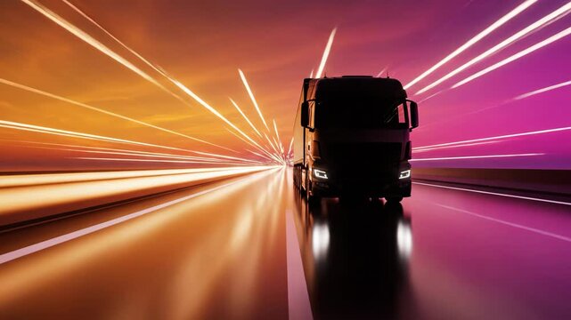 Commercial Transport Motion Concept \'97 stylized semi-abstract visualization of a truck silhouette driving across a luminous road that transforms into glowing light trails under a vibrant sunset