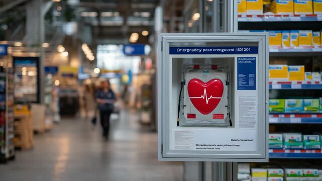 31Automated external defibrillator (AED) mounted inside a transparent wall cabinet in a busy public corridor, clear emergency response instructions printed on the cabinet door, surro