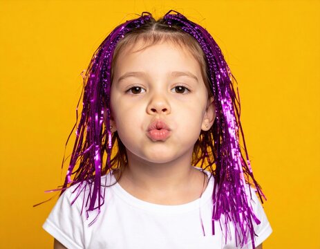 Young girl with purple shiny hair accessories against a bright yellow background, making a playful kissy face.