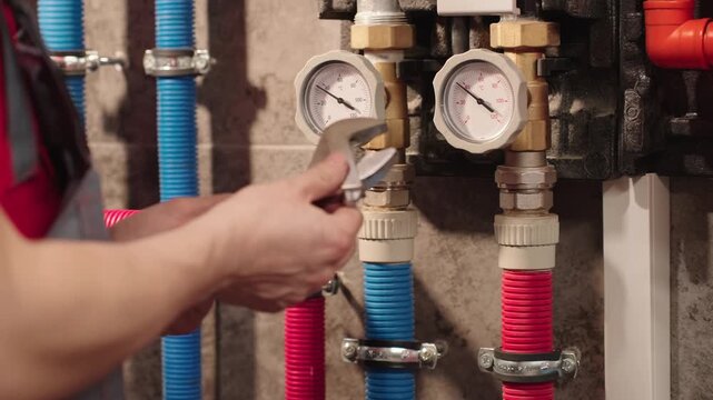Plumber Pointing At Heating System Pressure Gauge And Taking Wrench Closeup To Start Repair In Utility Room. Residential Plumbing Maintenance And Boiler Problem Detection Service Concept.