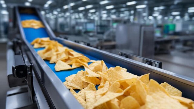 260Close-up of industrial snack production conveyor, crackers and chips in sharp detail, machinery in motion blurred slightly in background, clean stainless steel, snack processing, f