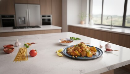 Gourmet beef stew pasta on marble kitchen counter