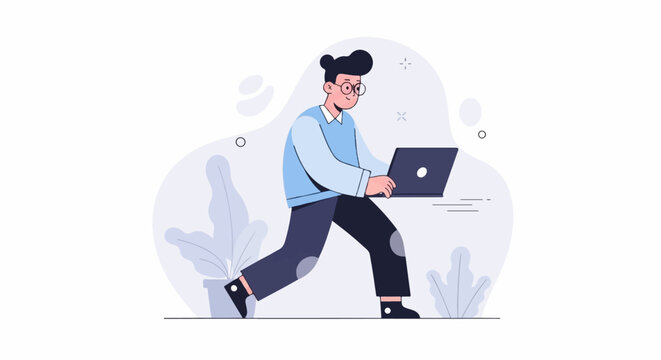 Person in light blue sweater running with laptop, animated style