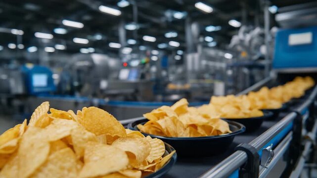 270Macro shot of snack packaging line with chips on conveyor, machinery above processing snacks, metal textures and reflective surfaces visible, crisp textures emphasized, industrial