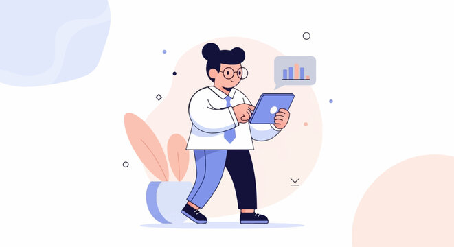 Person in office attire uses tablet with financial chart in chat bubble